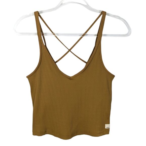 Vuori Rib Crop Tank Top Mustard V Neck Front Back Cross Back Built in Bra L - Picture 1 of 7